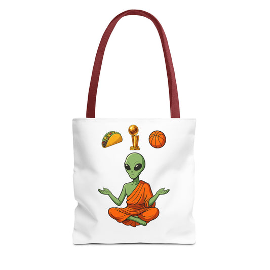 Alien Monk Tote Bag — Funny Meditation Graphic Tote for Fans of UFOs, Tacos & Basketball