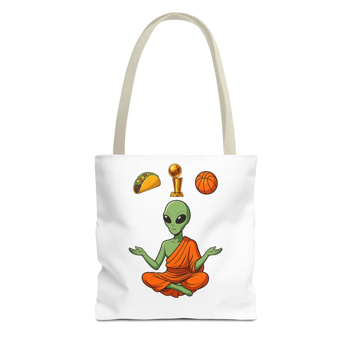 Alien Monk Tote Bag — Funny Meditation Graphic Tote for Fans of UFOs, Tacos & Basketball