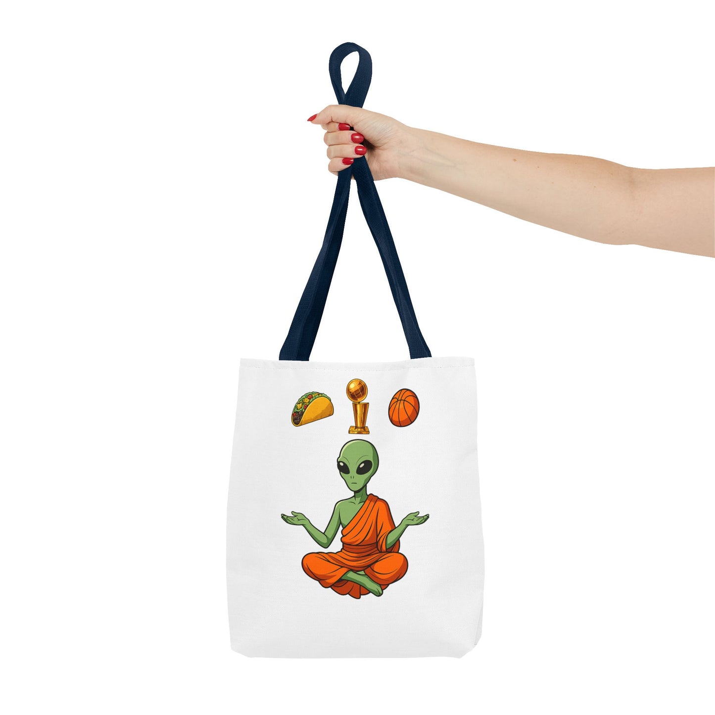 Alien Monk Tote Bag — Funny Meditation Graphic Tote for Fans of UFOs, Tacos & Basketball