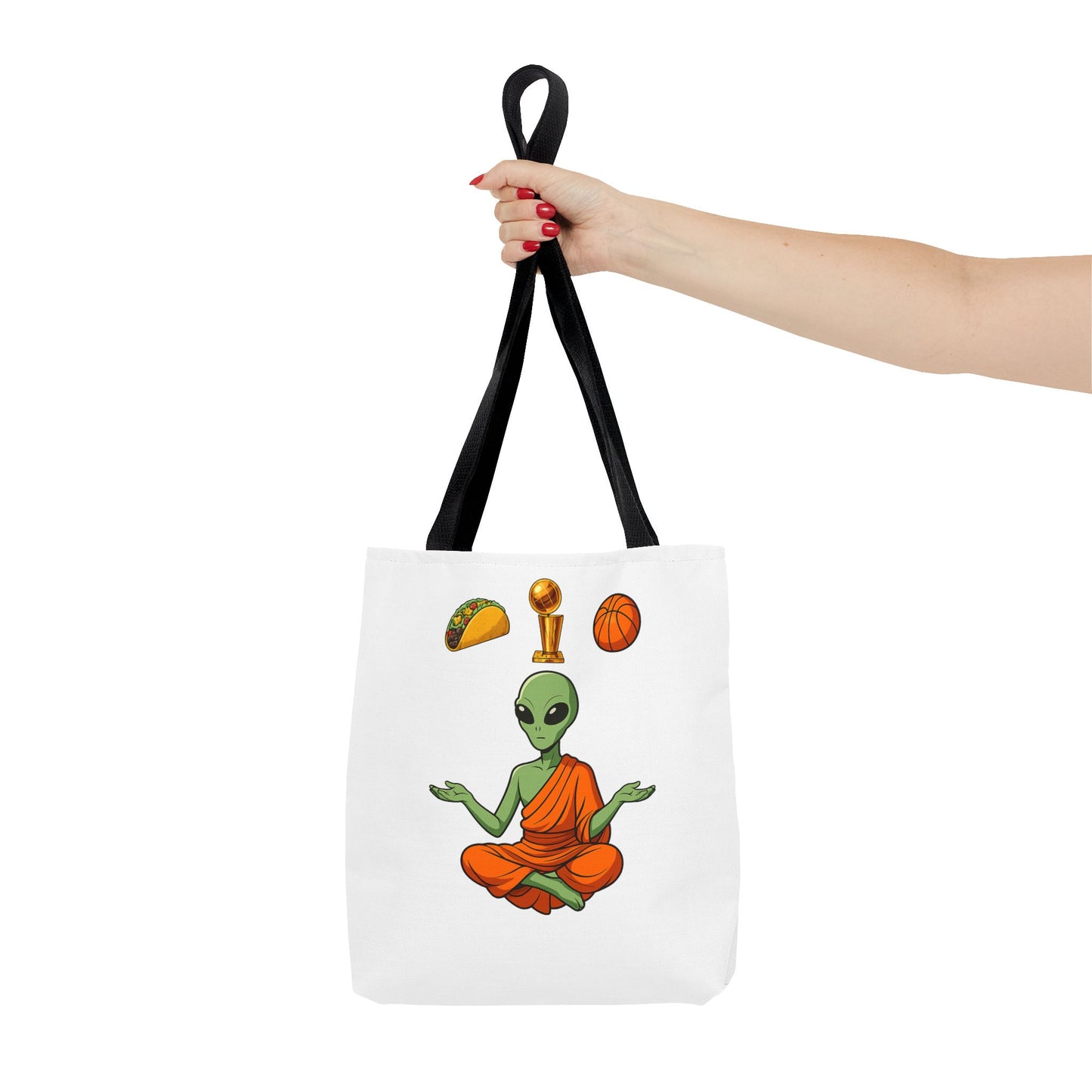 Alien Monk Tote Bag — Funny Meditation Graphic Tote for Fans of UFOs, Tacos & Basketball