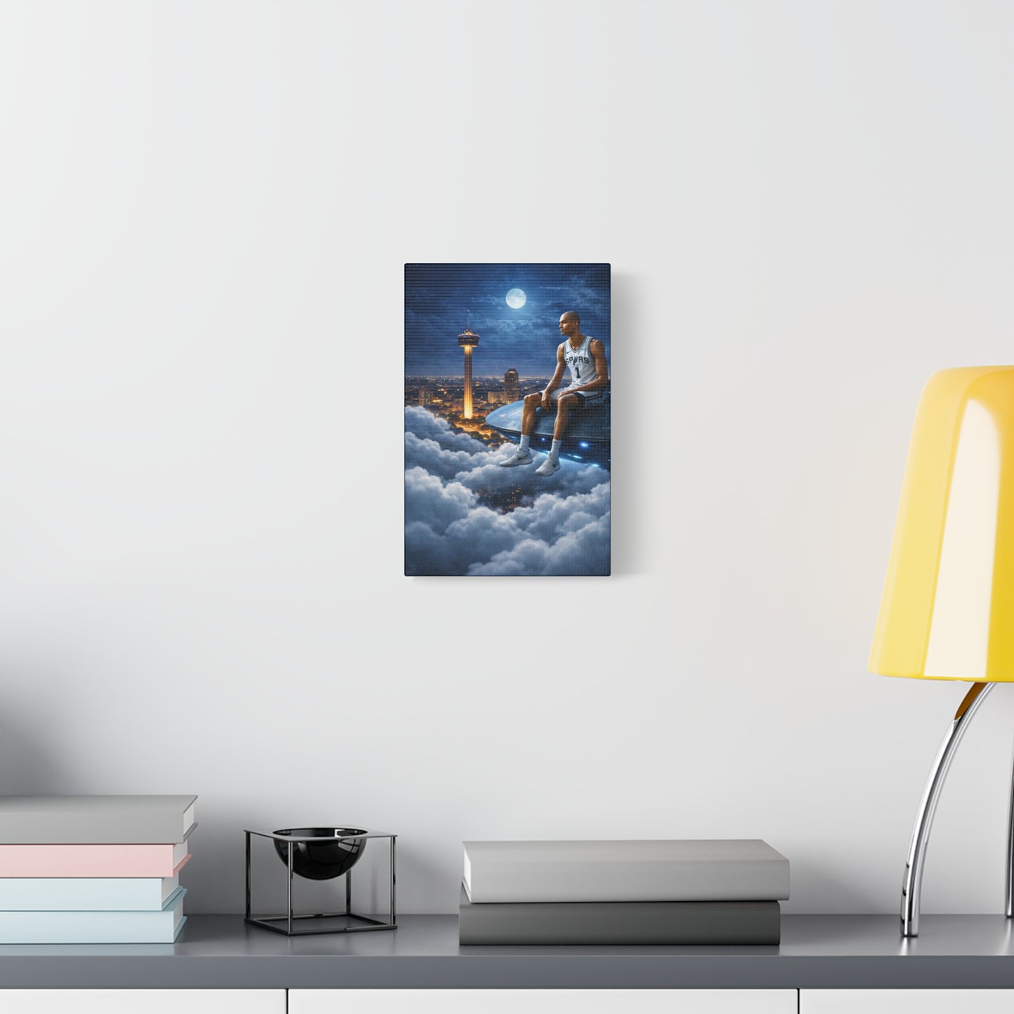 Canvas Wall Art — Night Sky Basketball Legend Sitting on UFO Over City