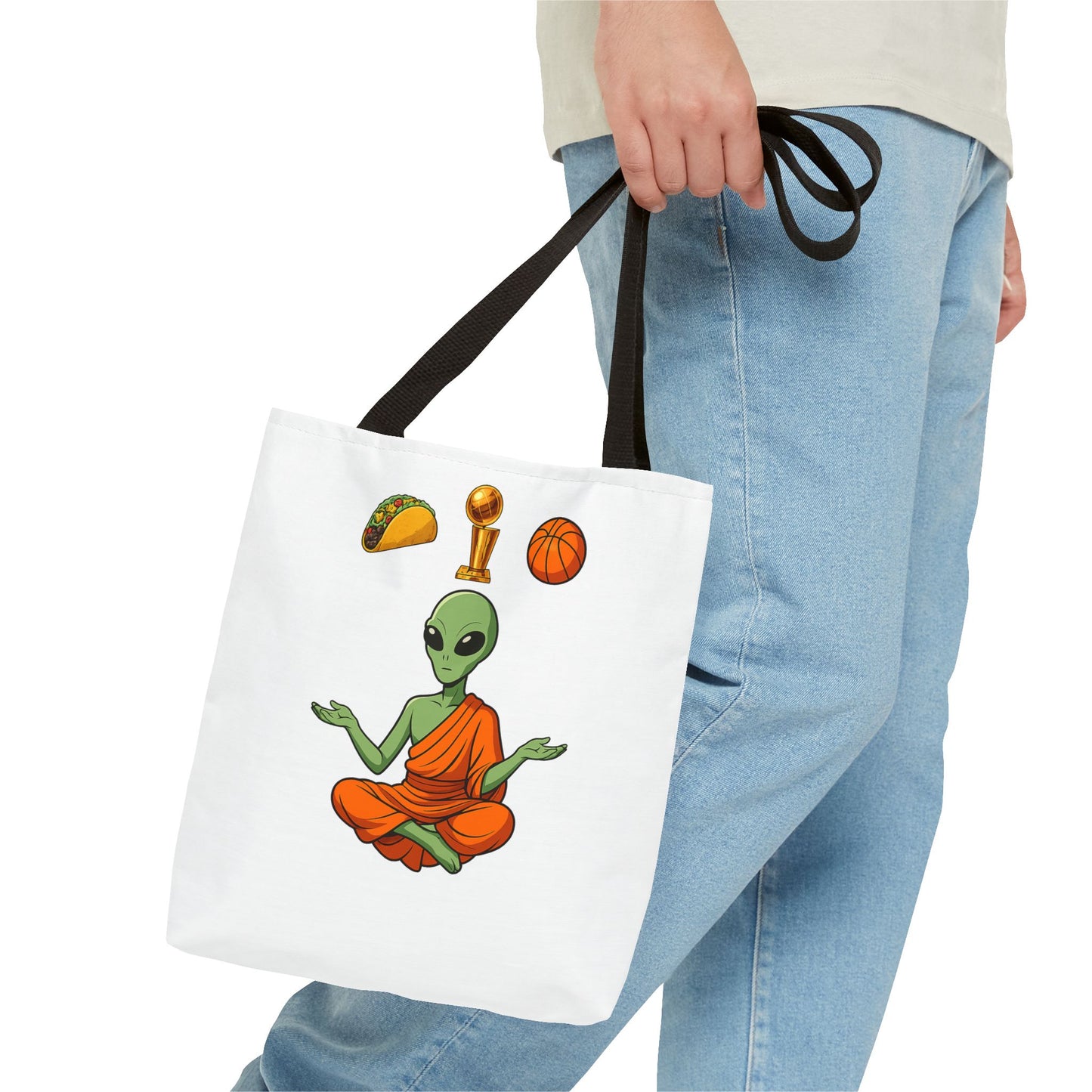Alien Monk Tote Bag — Funny Meditation Graphic Tote for Fans of UFOs, Tacos & Basketball