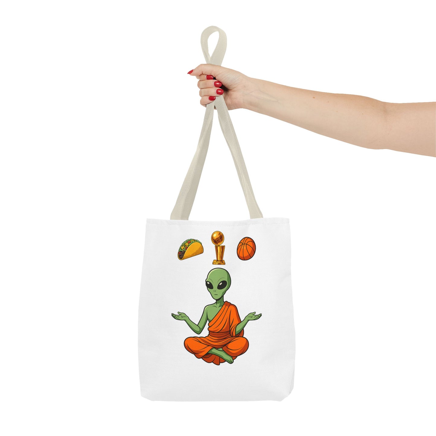 Alien Monk Tote Bag — Funny Meditation Graphic Tote for Fans of UFOs, Tacos & Basketball