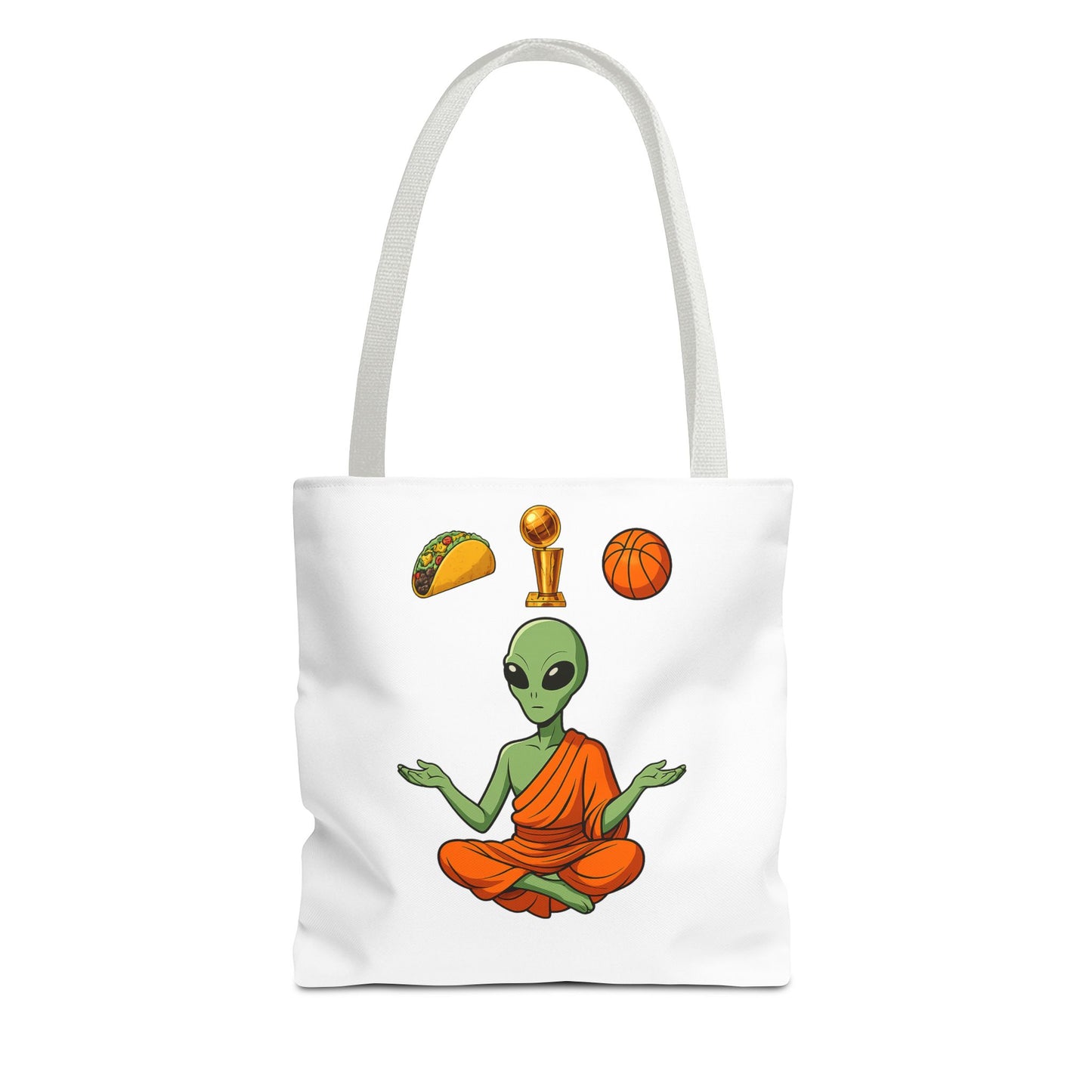 Alien Monk Tote Bag — Funny Meditation Graphic Tote for Fans of UFOs, Tacos & Basketball