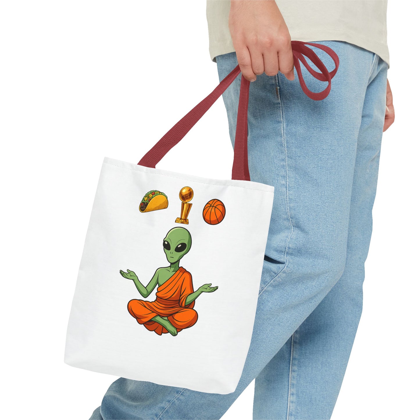 Alien Monk Tote Bag — Funny Meditation Graphic Tote for Fans of UFOs, Tacos & Basketball