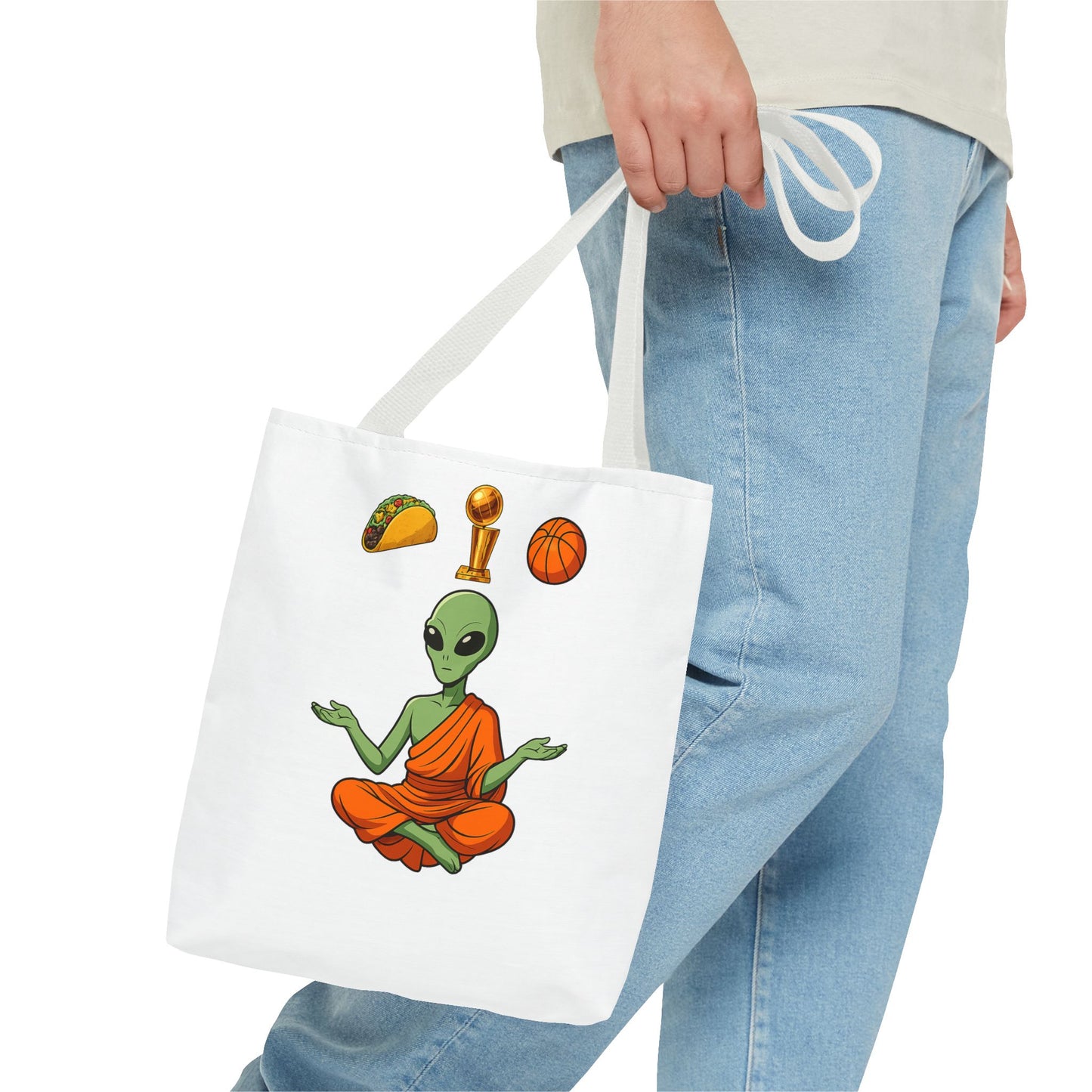 Alien Monk Tote Bag — Funny Meditation Graphic Tote for Fans of UFOs, Tacos & Basketball