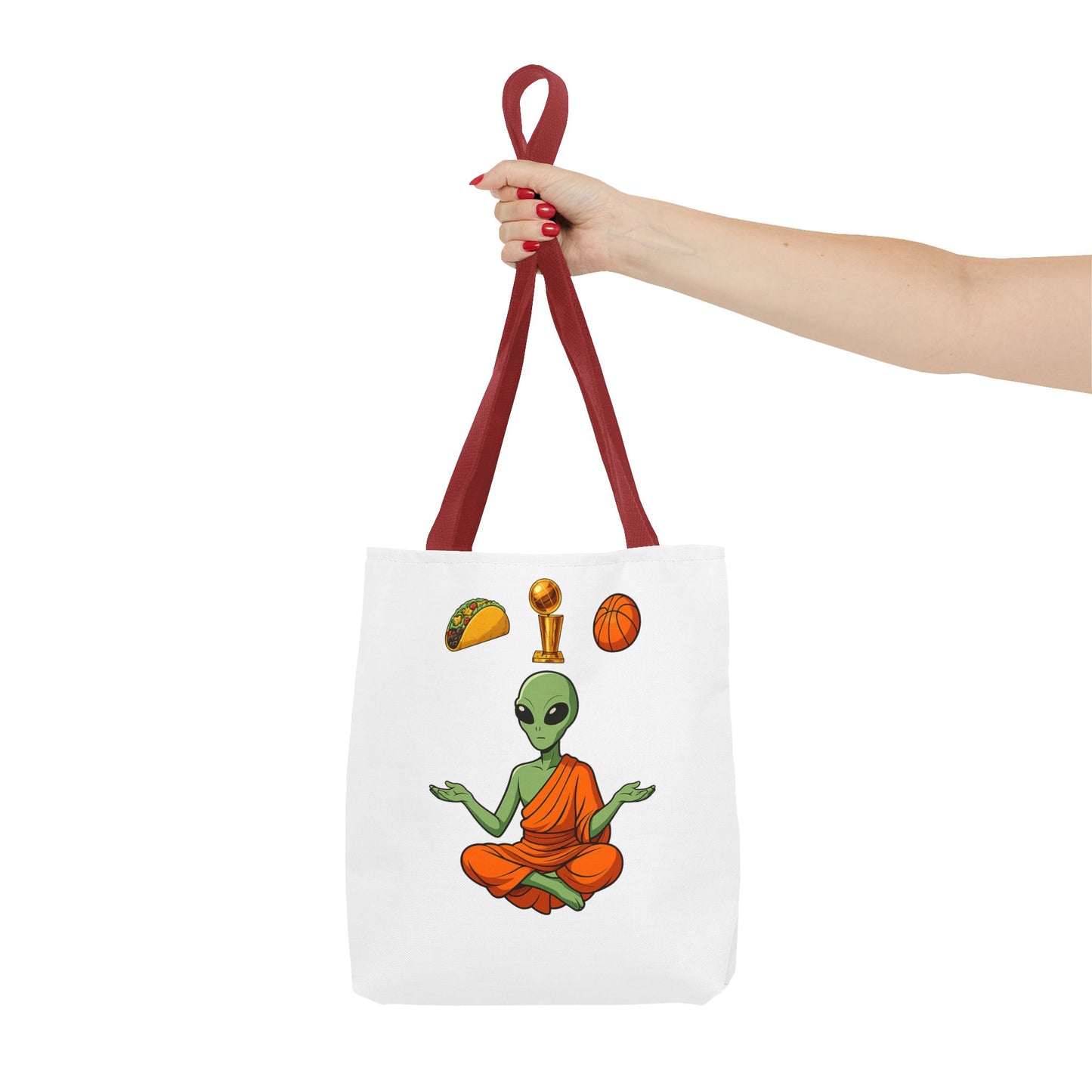 Alien Monk Tote Bag — Funny Meditation Graphic Tote for Fans of UFOs, Tacos & Basketball