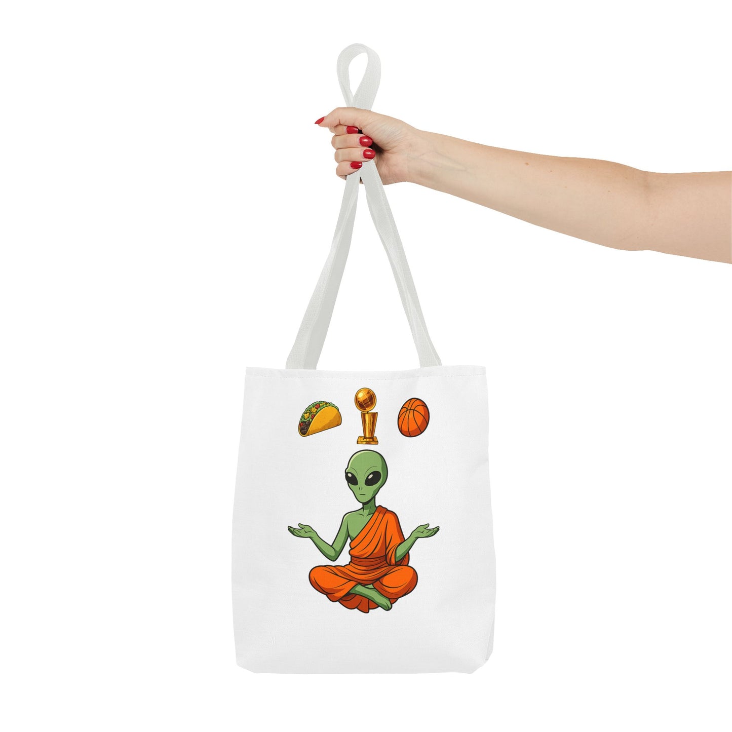 Alien Monk Tote Bag — Funny Meditation Graphic Tote for Fans of UFOs, Tacos & Basketball