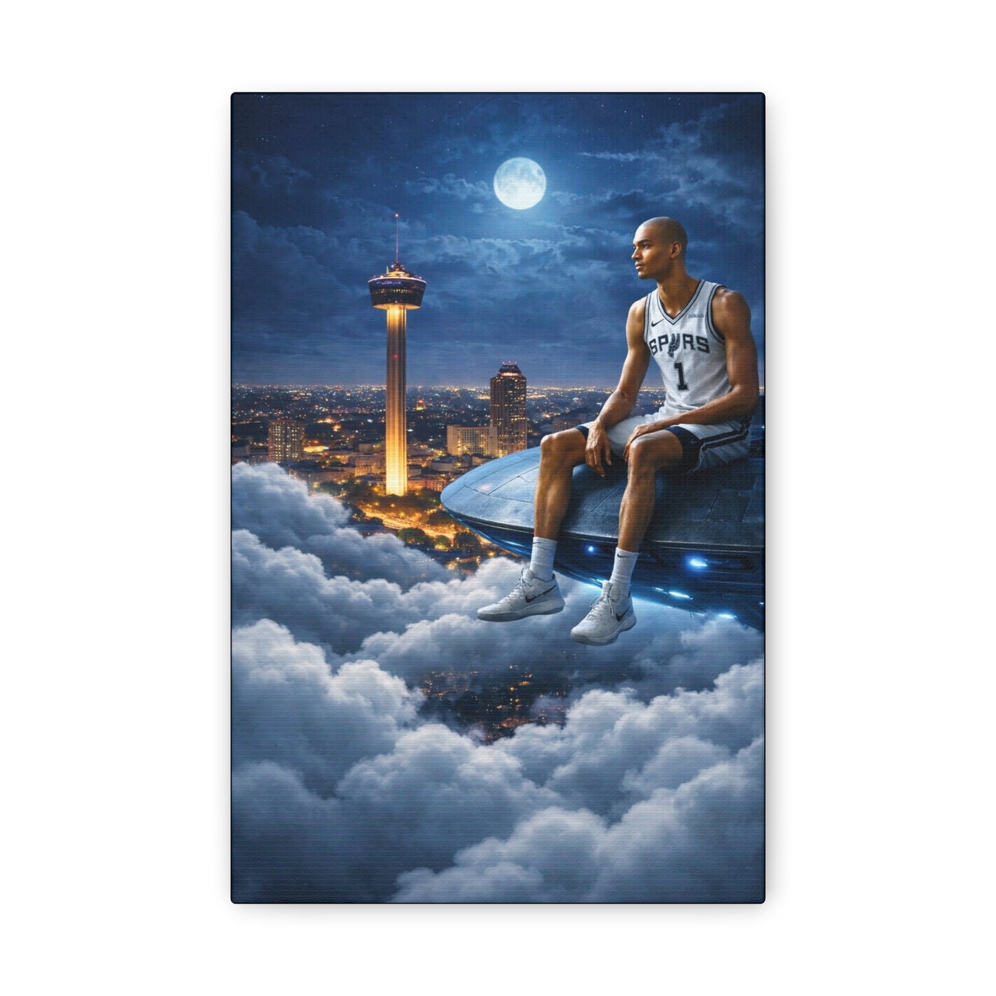 Canvas Wall Art — Night Sky Basketball Legend Sitting on UFO Over City