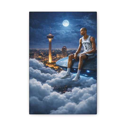 Canvas Wall Art — Night Sky Basketball Legend Sitting on UFO Over City
