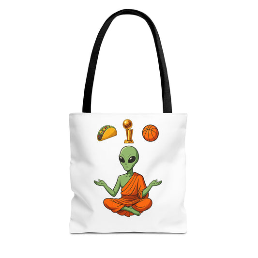 Alien Monk Tote Bag — Funny Meditation Graphic Tote for Fans of UFOs, Tacos & Basketball