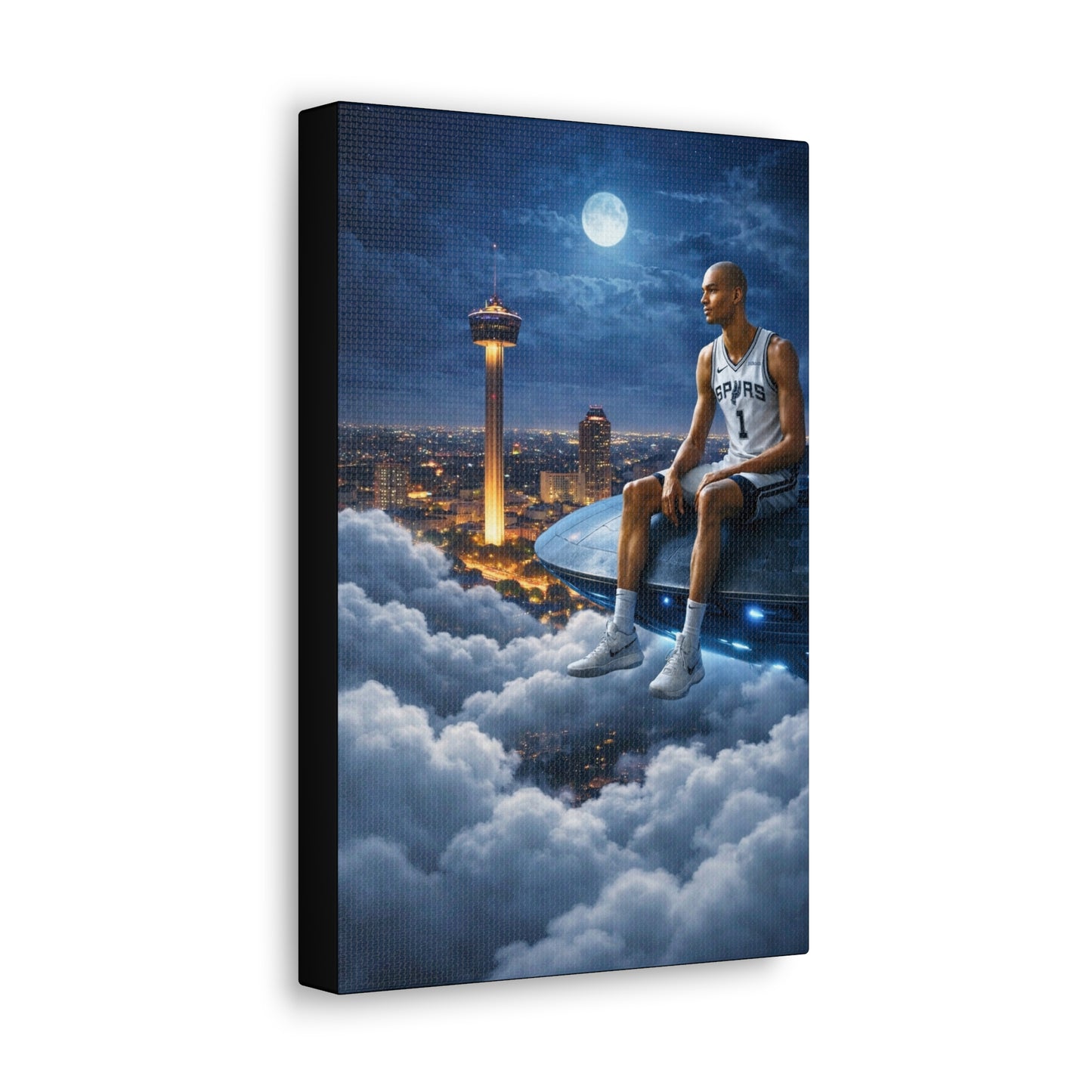 Canvas Wall Art — Night Sky Basketball Legend Sitting on UFO Over City